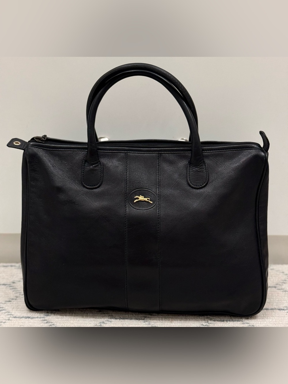 LONGCHAMP Vintage 90’s Minimalist Rare Black Leather Top Handle Handbag - France